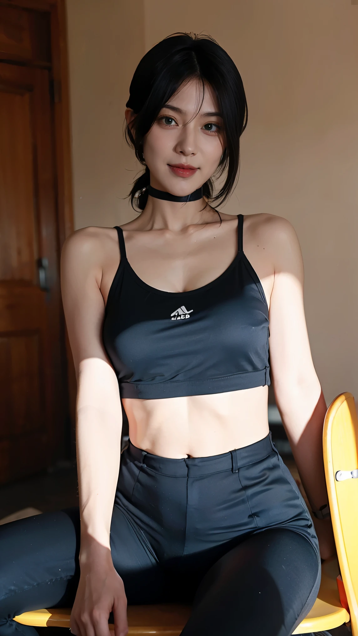 (masterpiece), best quality, amazing quality, beautiful face, ((perfect assets)), (sitting), HD, best quality, expressive eyes, perfect face, reze, short hair, black hair, abs, Kazakhstan girl, (crafting dynamite bomb), leggings training track long pants, simple bra, martial arts, ((crafting tools)), sweaty, toolkits, chair sit, home, legs, navel, reze, stripes legging, wrenching, reze, black hair, green eyes, old boarding apartment background, cowboy shot perspective, black T-shirt, smiling, ((craft bomb tool)), bedroom, workshop, villain woman