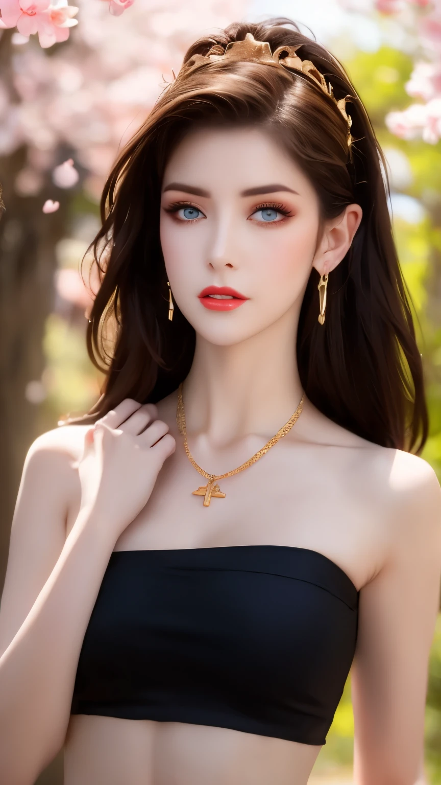 One 20 year old girl, breast 1.1, navel,upper body,bare shoulders,wears tube top,red skirt, blue gems,shiny skin,hand in own hair,(mature female),milf, medusa, deep blue eyes, jet black long hair, 8k resolution high quality,background: around the garden surrounded by Sakura trees with fluttering sakura petals, from head to thighs, hourglass figure, bare round shoulders, exposed midriff, a tilak on her forehead,ornamental logo on her forehead, snake crown, necklace, earings with blue gem, long black hair bangs, pointy ears,golden bracelet,Bright lightening under the sun through sakura canopy. High quality 16k resolution,( HDR :1.5), cinematic look, ultra-detailed,ultra lightening, (photorealistic :1.2), long thin straight eyelashes, dense black eyelashes,sharp eyes, diamond shaped head, straight nose, closed heart shaped lips