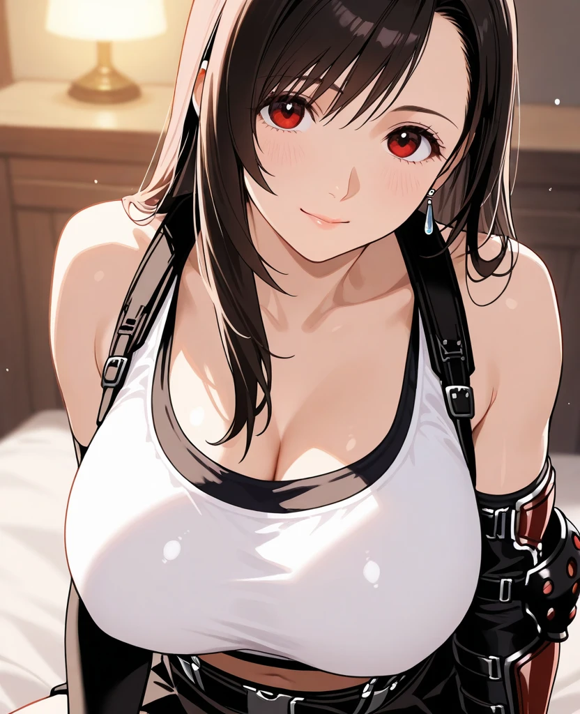 (8k, best quality, masterpiece:1.2), (realistic, photo-realistic:1.37), ultra-detailed, 1 girl,cute, solo, (tifa lockhart), (huge breasts:1.5), perfect erect nipples, ,(beautiful detailed eyes), (smile:1.2), (closed mouth), erotic pose, , depth of field, dark intense shadows, sharp focus, depth of field, good composition, green glowing light, Final Fantasy VII, (white tank top, low cut top, cleavage:1.3), (black leather mini skirt with belt:1.3) (red gloves and boots) (upper body portrait:1.5), head rest, lips, pretty face, low-tied long hair, ((red_eyes:1.3)), (night:1.2), intricate, bokeh, cinematic lighting, photon mapping, radiosity, physically-based rendering, (Tetsuya Nomura style), nsfw, perfect breasts, view from above