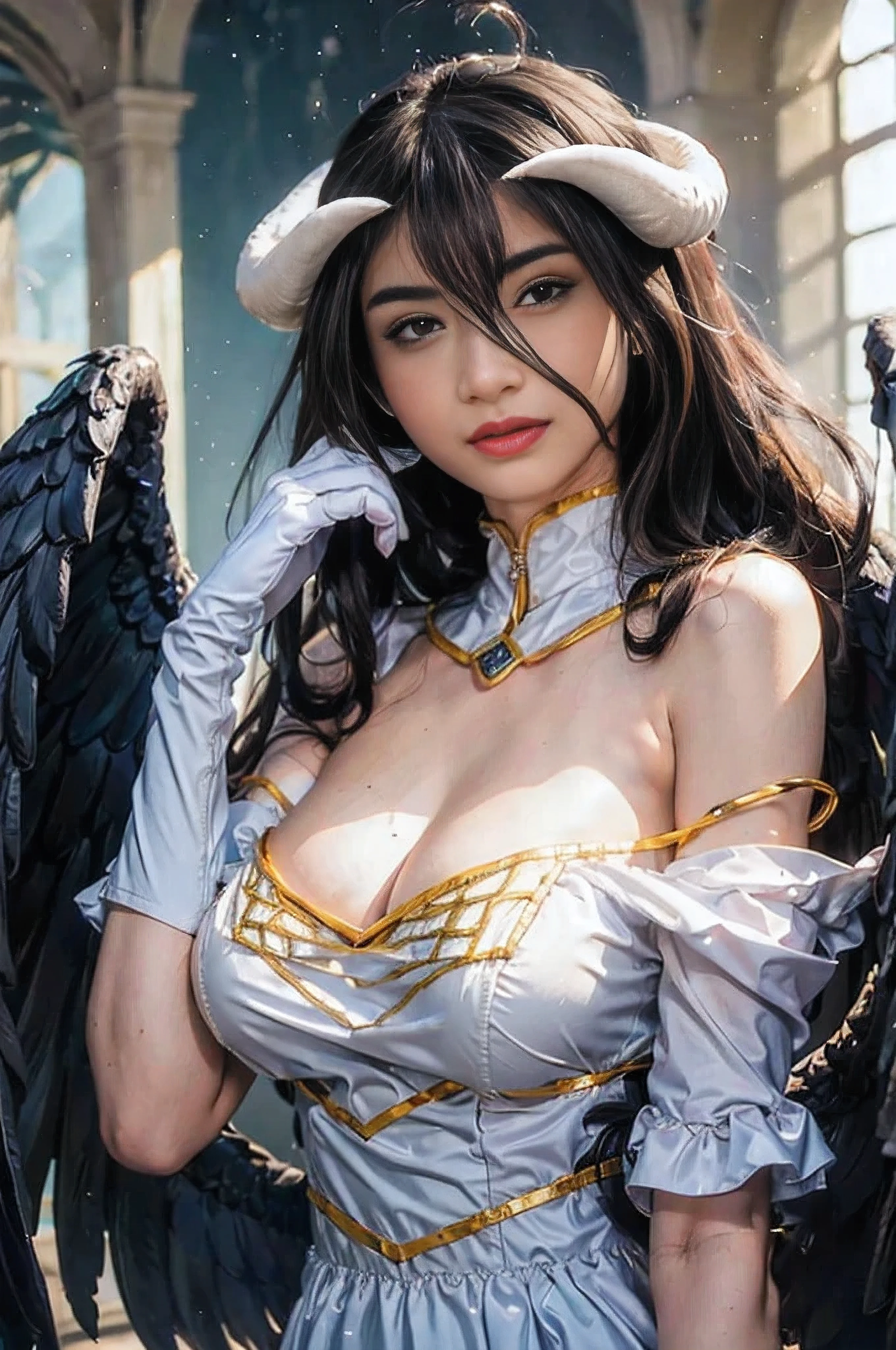 RAW photo:1.2), ((photorealistic:1.4),(masterpiece:1.3),(best quality:1.4),ultra high res,(detailed facial features),(detailed body features),HDR,8k resolution, 1 girl, blushing, long purple hair, 8k, ultra high details, perfect nose, cinematic lighting, perfect body, blue hoodie, black wings, white horns, big , white gold dress, white hand glove