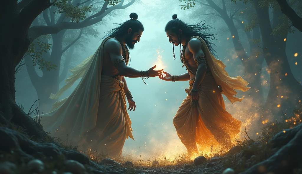 A ragegous fight by karna against arjuna from the swirling purple flames, glowing white eyes piercing the smoke. The background is predominantly dark, highlighting the intensity of the fiery colors and the sinister presence of the figure, which is surrounded by chaotic Mahabharata war, an Archer fight between ghandeev bearer Arjun and Vijay bow ( godly armour) bearer karn ,flickering flames that evoke a sense of confidence and power. anime, anime style, 4k, 8k, good quality, zoom face, wallpaper size, FACE of the worlds
