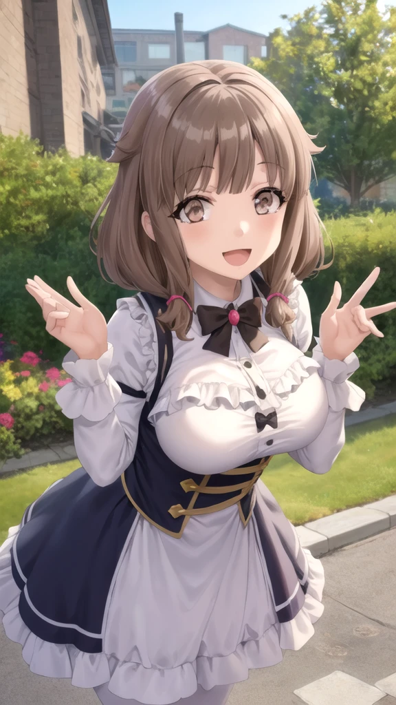 ((masterpiece)),(best quality),official art,extremely detailed CG,unity 8k wallpaper,ultra detailed,beautiful detailed eyes,extremely detailed face,outdoors,1girl,solo,cowboy shot,looking at viewer,facing viewer,smile,Asamiya Shiina,white hat,hat bow,long hair,orange hair,twin braids,side braid,bangs,red eyes,,(white jacket),suit jacket,wing collar,pink neck ribbon,white shirt,collared shirt,center frills,large breasts,underbust,juliet sleeves,puffy sleeves,long sleeves,shirt tucked in,black skirt,pleated skirt,plaid skirt,frilled skirt,pigeon-toed,white thighhighs,zettai ryouiki,mary janes,black footwear,