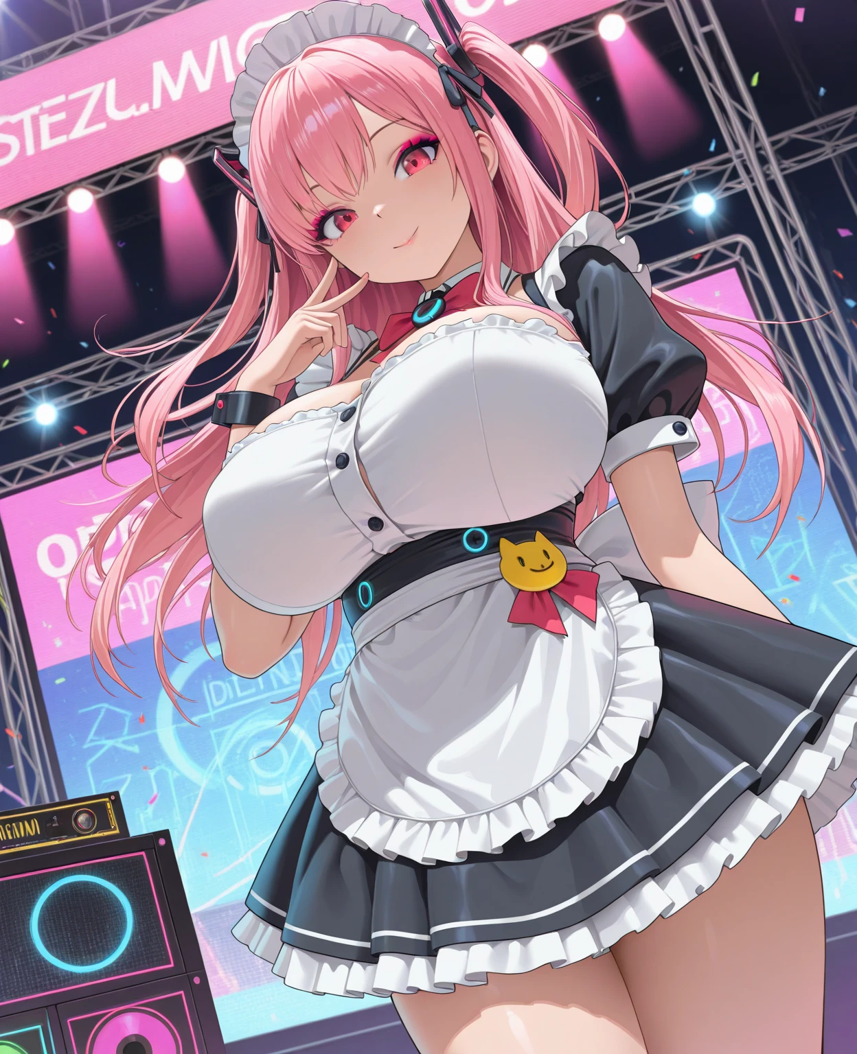 ((highly detailed)), ((nikke)), ((pepper: 1.2)), perfect human hands, (great breast:1.1),masterpiece, best quality, ultra-detailed, glistening shiny, glowing light, ray tracing, HDR, deph of field, (perfect face, detailed face, detailed eyes,perfect hands,perfect fingeredium :1.2),8k,HD,ultra realistic face,ray tracing,perfect lighting,best quality, ultra-detailed, shiny eyes, ( smile:1.1), ((1girl:1.2)),cowboy shot,thicc,streaked_hair,((pink gradient hair)),multicolored eyes, gradient eyes, red eyes, (glowing eyes:1.5), mascara, (fashion make up), (parted lips,blush, detailed face, cheerleader, (((stadium))), cheerleading ,dark blue sky),((super detailed background))),((super detailed background)), dynamic poses, ((8k wallpaper)), (mature female), black thighhighs, gigantic sagging breast, standing, (((lifting up skirt:1.4))), (((cheerleader outfit))), (((pom poms in hands))), (((jumping: 1.4))), (((pepper inside a stadium))), (((cheerleader shirt)))