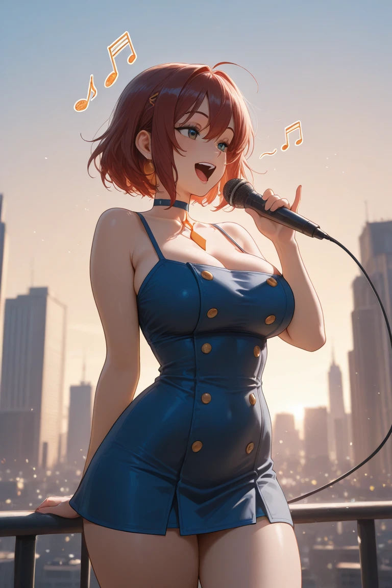 (masterpiece, best quality, high resolution, 8k), cowboy shot, BREAK, girl style anime, well defined eyes, high definition eyes, perfect body, perfect anatomy, eyelashes and black shadow under the eyes, detailed, round eyes with eyelashes and highlighted eye shadow, BREAK, brown light eyes, brown light hair, blunt bangs hair, wering a wearing a black choker, with a red off-the-shoulder blouse and tight black leather pants, round butt, perfect curves, with gold bracelets on her hands, big breast, BREAK, girl singing in a karaoke with a microphone, big speakers and subwooferlaser lights and colorfull ballons in a party house.
