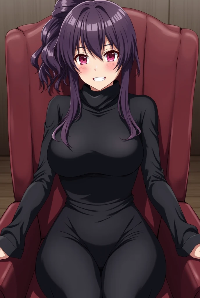 NSFW anime style image of a purple haired lesbian girl wearing only a black shirt and standing in a room smiling in a perverted and lustful manner