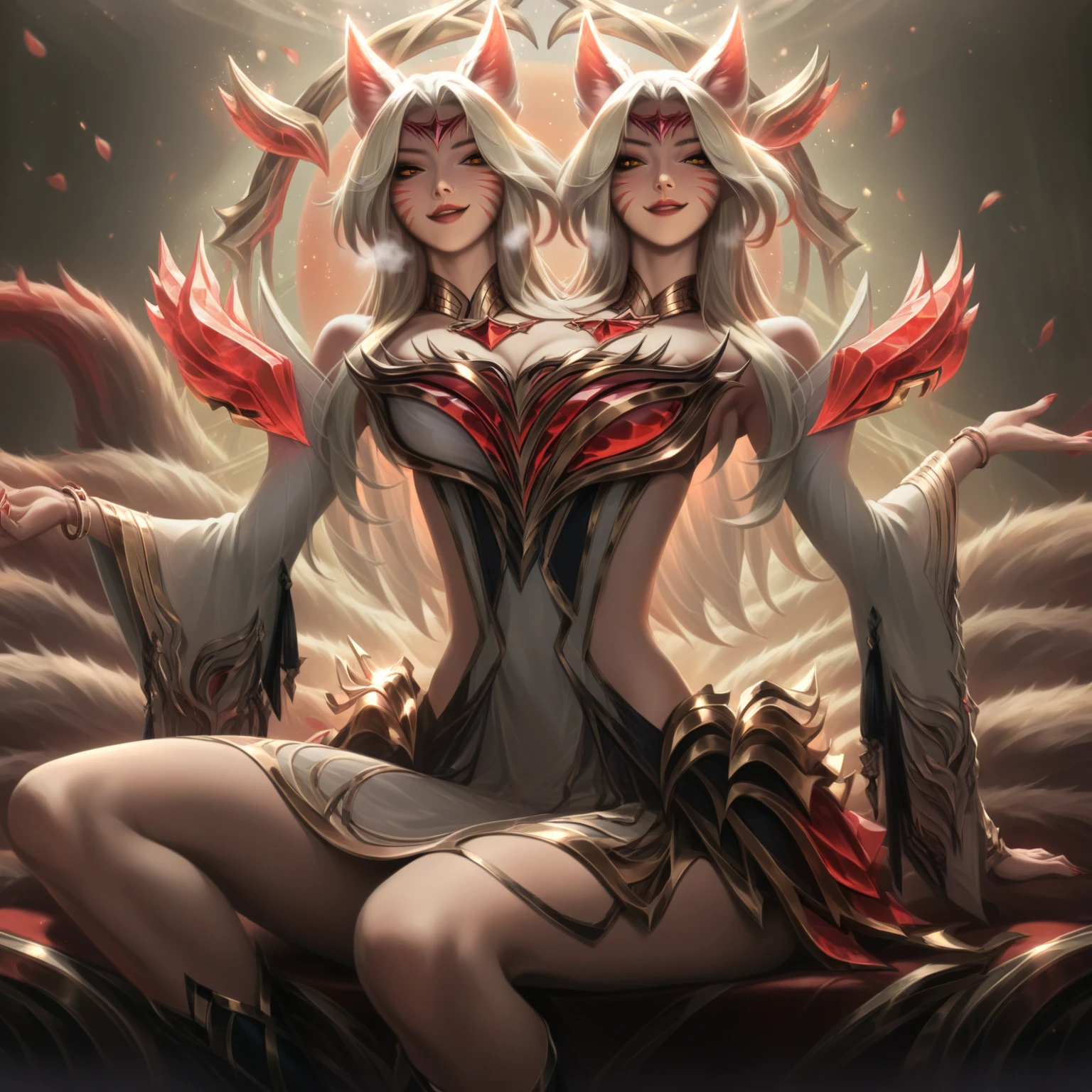 A snow-white nine-tailed fox,fire glow,Red rune tail,Slender physique,Side face, tongue out, bikini, teasing,
