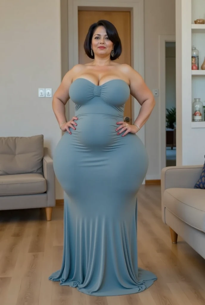 araffe woman taking a selfie in a blue dress in a bathroom, wearing blue dress, long blue dress, blue dress, wearing a blue dress, a blue dress, full covered dress, sky - blue dress, wearing a plastic blue dress, in blue dress, posing!!, belly free teal dress, dressed in blue, laced dress, flattering photo, Big tits, huge tits, no clothes, sexy, cute, wide hips, thick thighs, pear-shaped body, minimal clothes, thick ass, bbw, chubby stomach, thick nipples, nipple piercings, large areola, hard nipples, piercing through shirt, nipples hard through shirt, thick hips, minimal clothes, work out girl, low cut v neck shirt with cleavage, fat chubby stomach, bikini, fat round stomach, from side