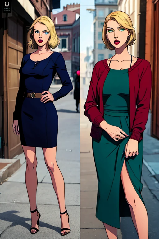 Blonde girl with short hair, blue eyes, With a green dress, tight on the body, marking the waist, short dress, 