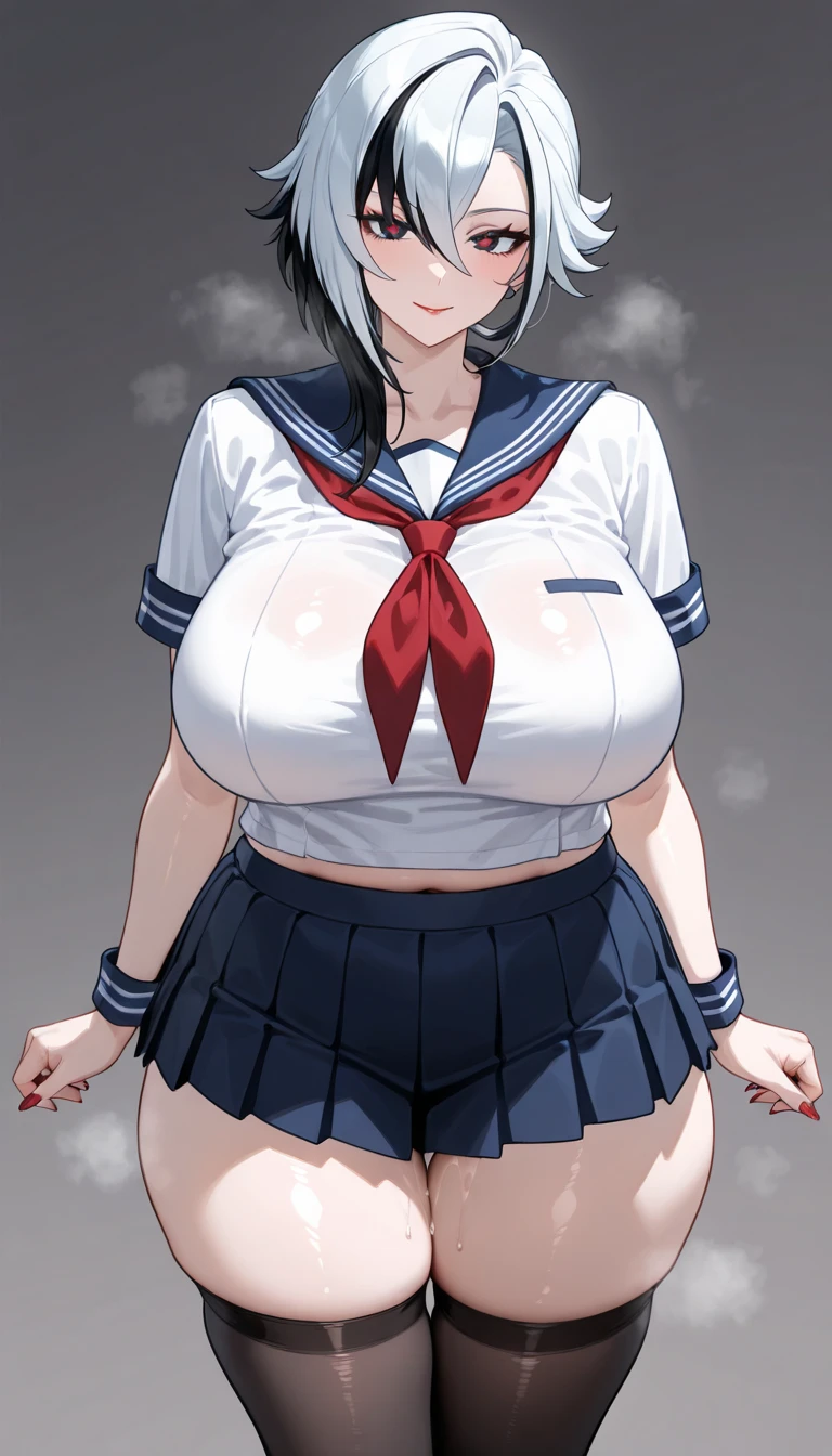 One Girl,{Knee-high socks}、(((Wide Hips)))、 (((Thick thighs)))、((Big Ass))、(Big Breasts) Embarrassed look,shortstack、whole body、Sexy pose、Ultra short skirt that shows off your V-line、No sleeve、Navel Look、、Ponytail Hairstyles、Sailor suit