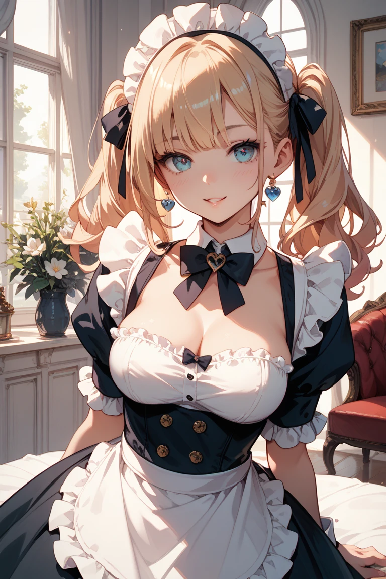 ((32k)), ((best quality)), ((ultra high res)), ((HDR)), ((UHD)), ((extremely detailed CG)), ((unity 32k wallpaper)), anime style, (), (ideal ratio body proportions), very long hair, blush, heart shaped eyes, heart shaped pupils, bangs, thighhighs, bow, jewelry, medium breasts, cleavage, curvy, maid uniform, mini skirt, (golden hair), (blue eyes), short sleeves, earrings, frills, white thighhighs, bowtie, cup, puffy short sleeves, wrist cuffs, thigh strap, detached collar, side-tie bikini bottom, thigh gap, table, single thighhigh, (bedroom), (upper body), from front,