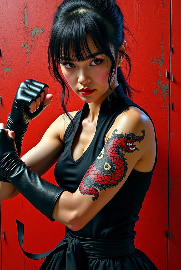 full body image of Indonesian woman with brown hair colored with white red highlights,holding katana.A detailed depiction of realism,majestic 5D dragon tattoos in gold and black cover his body,with scales sparkling with realism and lightning patterns that evoke a sense of ancient magic.The dragon's expression was fierce, with a growl that suggested power and mystique.The background is a dramatic red smoke effect to contrast and highlight the intricate details of the tattoo.