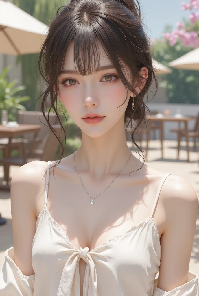 Morning color, Close-up photo of Danelia Tuleshova, Small breasts, Cafe terrace near the street, Lean-cheeked, Luster of hair, chin up, Seductive face, No bra, stony, Water, Cleavage Show, bewitching, Realistic pores of the body, Look up at the sky and smile, black ponytail hair, (Blue eyes: 0.8), Beautiful adult face, 40 I, soft volumetric lights, (back lighting: 1.3), (Cinematic: 1.3), Intricate details, (art  stations: 1.、nsfw、cafe terrace