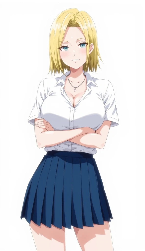 1girl, hana, solo, purple eyes, short hair, hair ornament, smile, shirt, necktie, pleated skirt, thick thighs, <lora:hana-ALK:0.9>, simple background, looking at viewer, cowboy shot, thick thighs, leaning forward, hands on hips