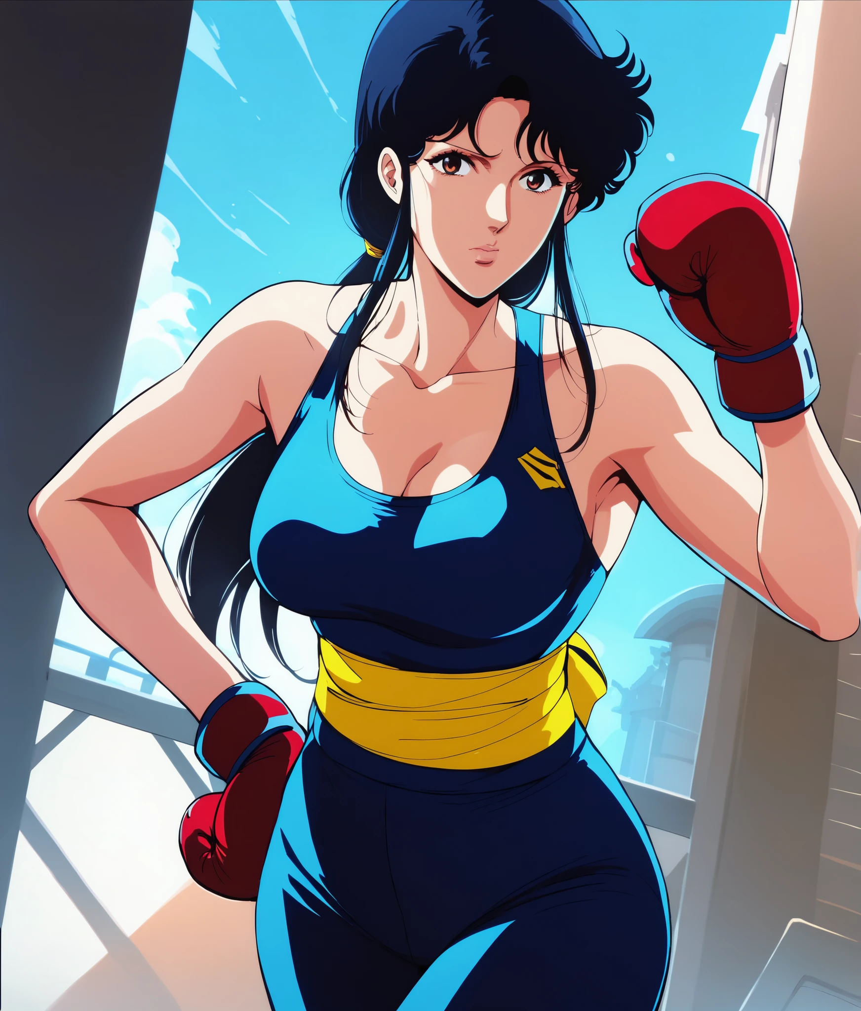 One girl, fh1to, Bare chest,Shiny blue high leg ,sports bra, boxing gloves, Shy face, round face,Facing forward, BREAK score_9, score_8_superior, score_7_superior, score_6_superior, score_5_superior, score_4_superior, sauce_anime, Movie angle,official anime screencap, add yellow sash on hips, add the costume covering all legs