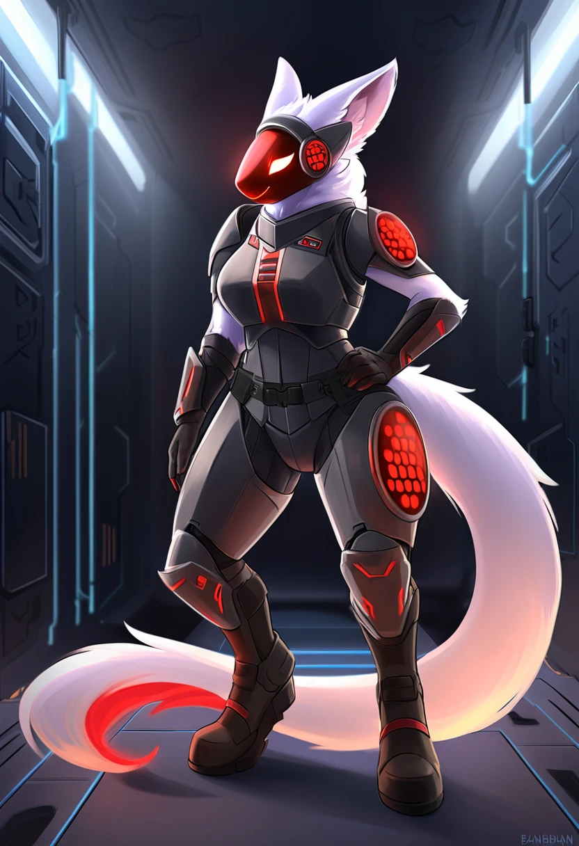 Solo, a red and black protogen, female, intricately designed cybernetic implants, tall, skinny, thick thighs, standing in a dark laboratory, illuminated body parts,