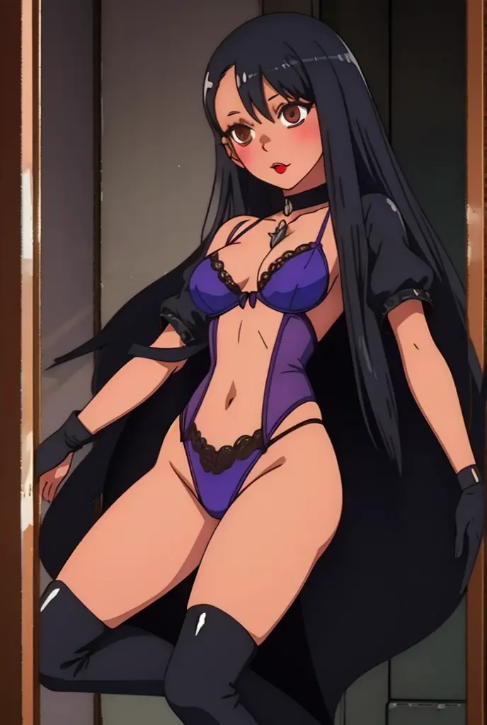 Gothic, Gothic clothing, Black Gothic, Black hair with a Violet shine, slim but sexy, light brown eyes, red lips Black clothes, sexy black lingerie, long black boots.
