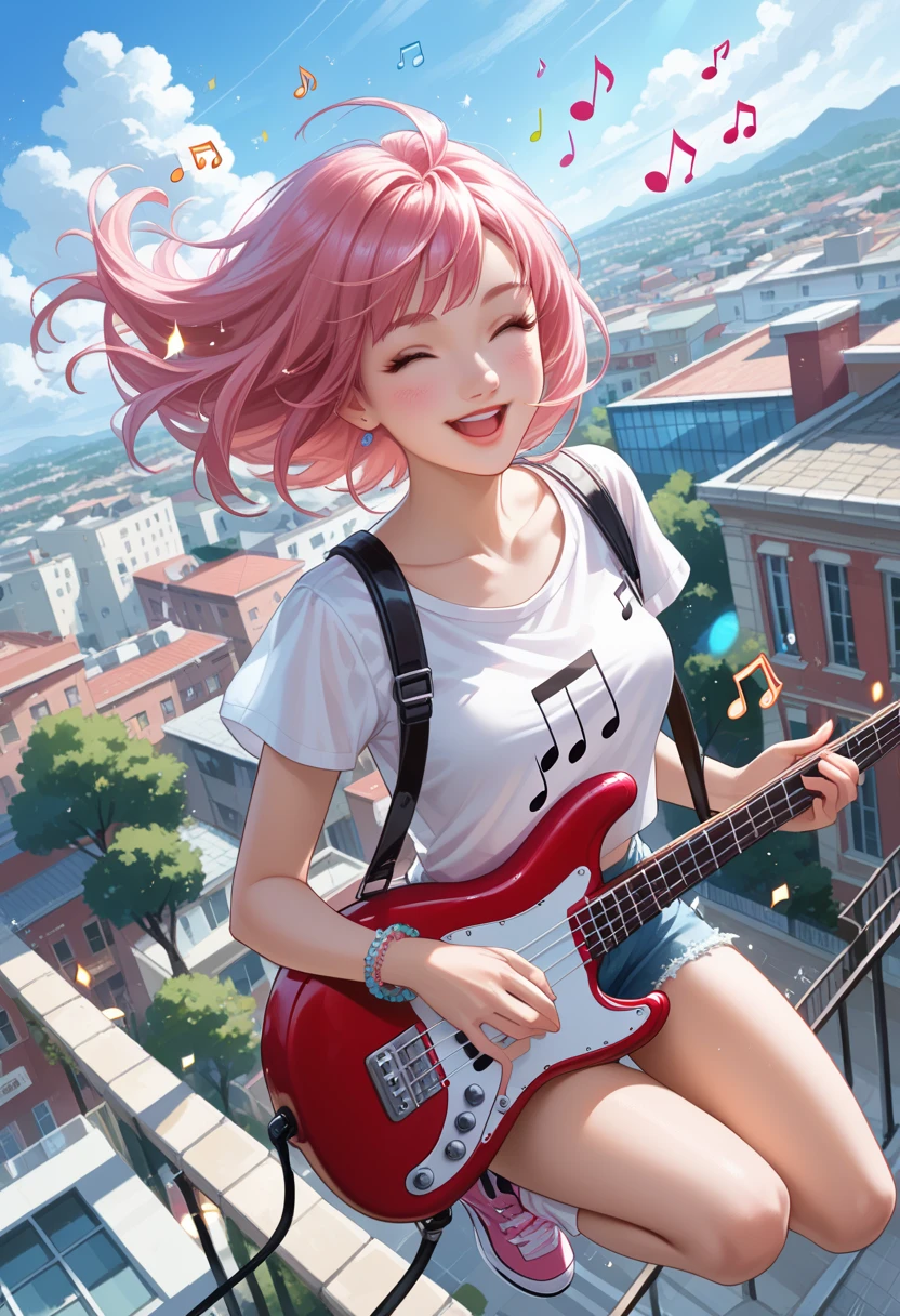 (masterpiece, best quality:1.2), solo, 1girl, super sonico, smiling, breast, pink hair, tight shirt, playing guitar, holding instrument, headphones, red eyes, hooded jacket, shirt, solo, 1girl, realistic, (best quality), (masterpiece), ultra detail, (ultra high res), extreme detail, 8k, uhd, detailed