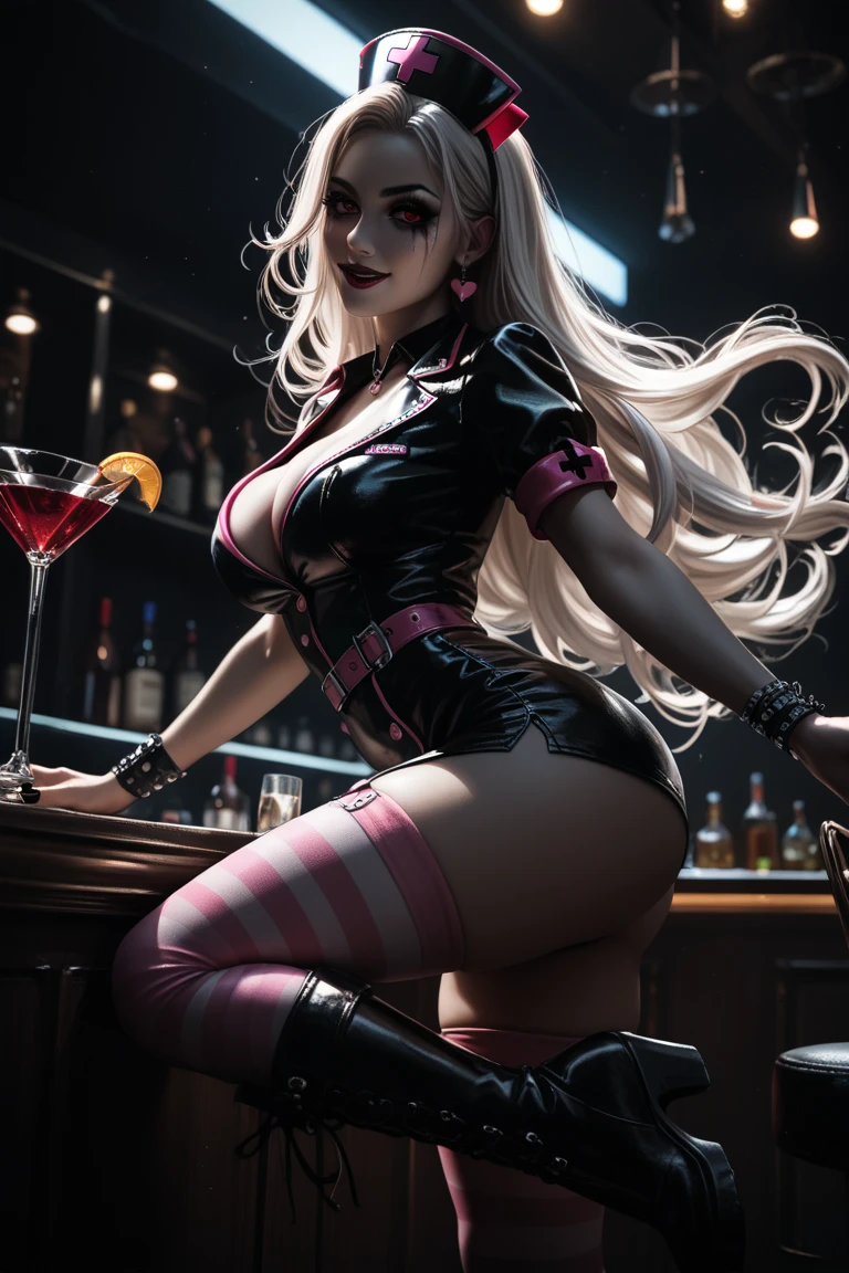 (1girl, alone, alone), (Mortal Kombat 11: Aftermath, elegant and flawless face, Sindel, gray hair, Sidel hair, long hair pulled back, long hair slicked back, multicolored hair, imposing expression, air of superiority, glamorous , arrogant), ((alone, (1 woman, pink lipstick, black eyes), extremely detailed, soft ambient lighting, 4k, perfect eyes, a perfect face, perfect lighting, the 1girl)), ((fitness,, shapely body, athletic body, toned body)), ((red outfit, gym outfit, lycra jumpsuit, dark red lycra bodysuit, hot pink lycra pants, white sneakers, red leotard, marble floor, bar, counter, drinks, bottles, painting, gold jewelry, sapphires, amethysts))
