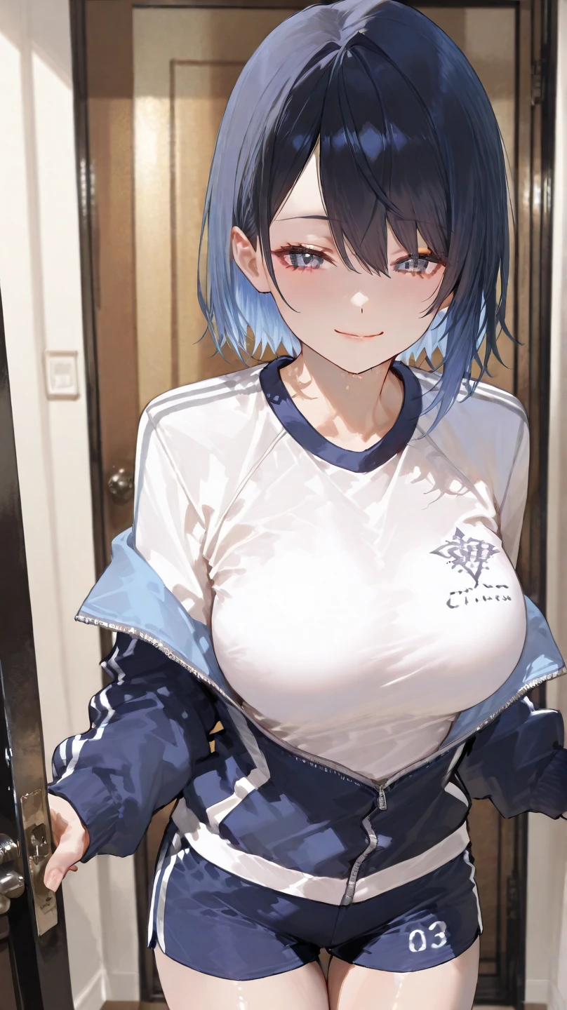 (Furinarnd), masterpiece,huge breast, blush, indoor, looking at viewer, detail eyes, cg, sitting, smile, (front view), dolphin shorts, (single bare shoulder shirt),