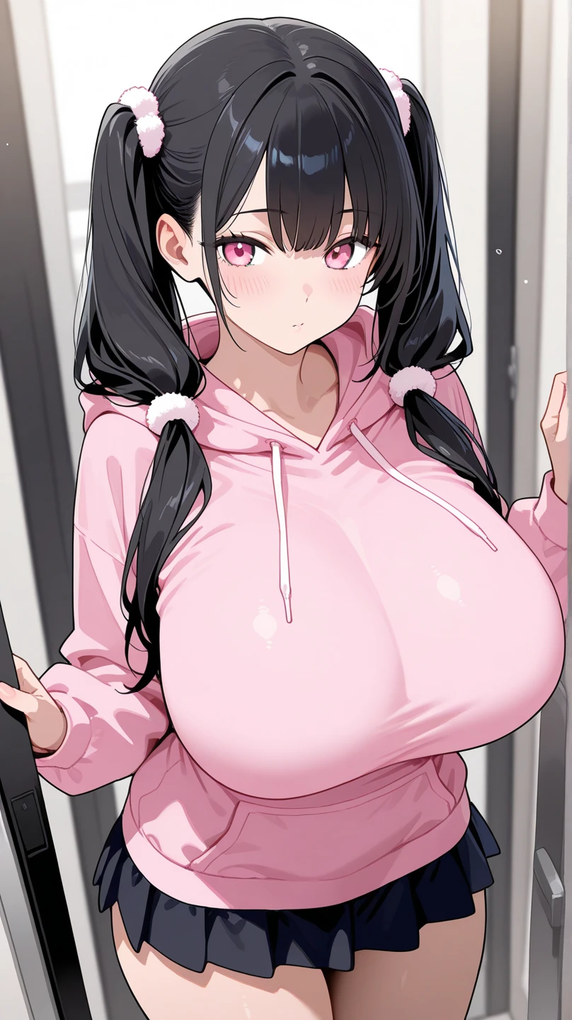 hot, sweating, sweaty, slight tan, big boobs, tan skin, flustered, blush, normal cloths, standing in train, inside train, taking the train, black hair, skirt, wearing skirt, wearing hoodie, ponytail, wearing bra,