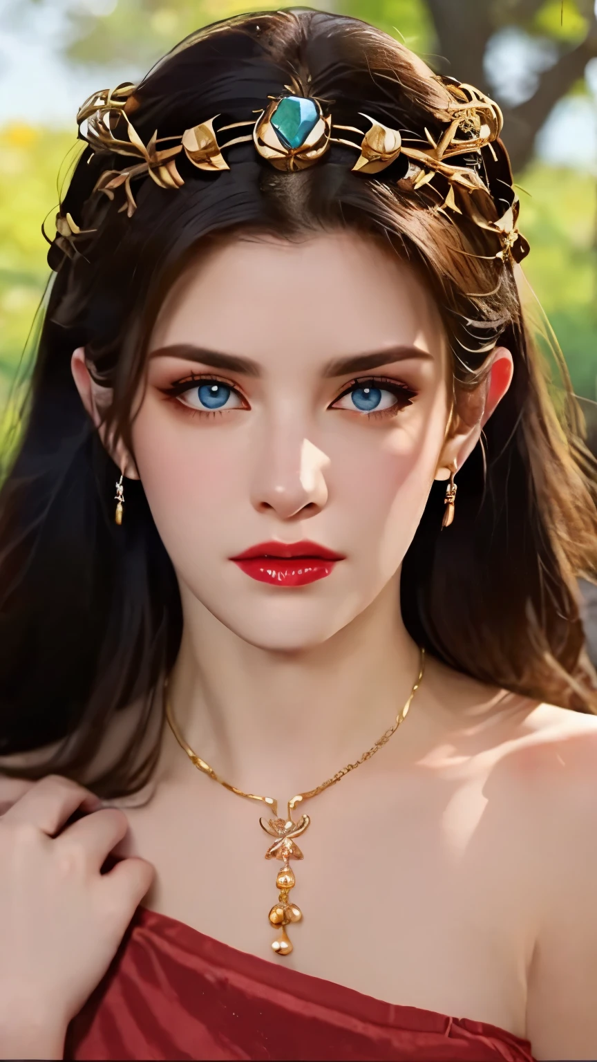 One 20 year old girl, breast 1.1, navel,upper body,bare shoulders,wears tube top,red skirt, blue gems,shiny skin,hand in own hair,(mature female),milf, medusa, deep blue eyes, jet black long hair, 8k resolution high quality,background: around the garden surrounded by Sakura trees with fluttering sakura petals, from head to thighs, hourglass figure, bare round shoulders, exposed midriff, a tilak on her forehead,ornamental logo on her forehead, snake crown, necklace, earings with blue gem, long black hair bangs, pointy ears,golden bracelet,Bright lightening under the sun through sakura canopy. High quality 16k resolution,( HDR :1.5), cinematic look, ultra-detailed,ultra lightening, (photorealistic :1.2), long thin straight eyelashes, dense black eyelashes,sharp eyes, diamond shaped head, straight nose, closed heart shaped lips