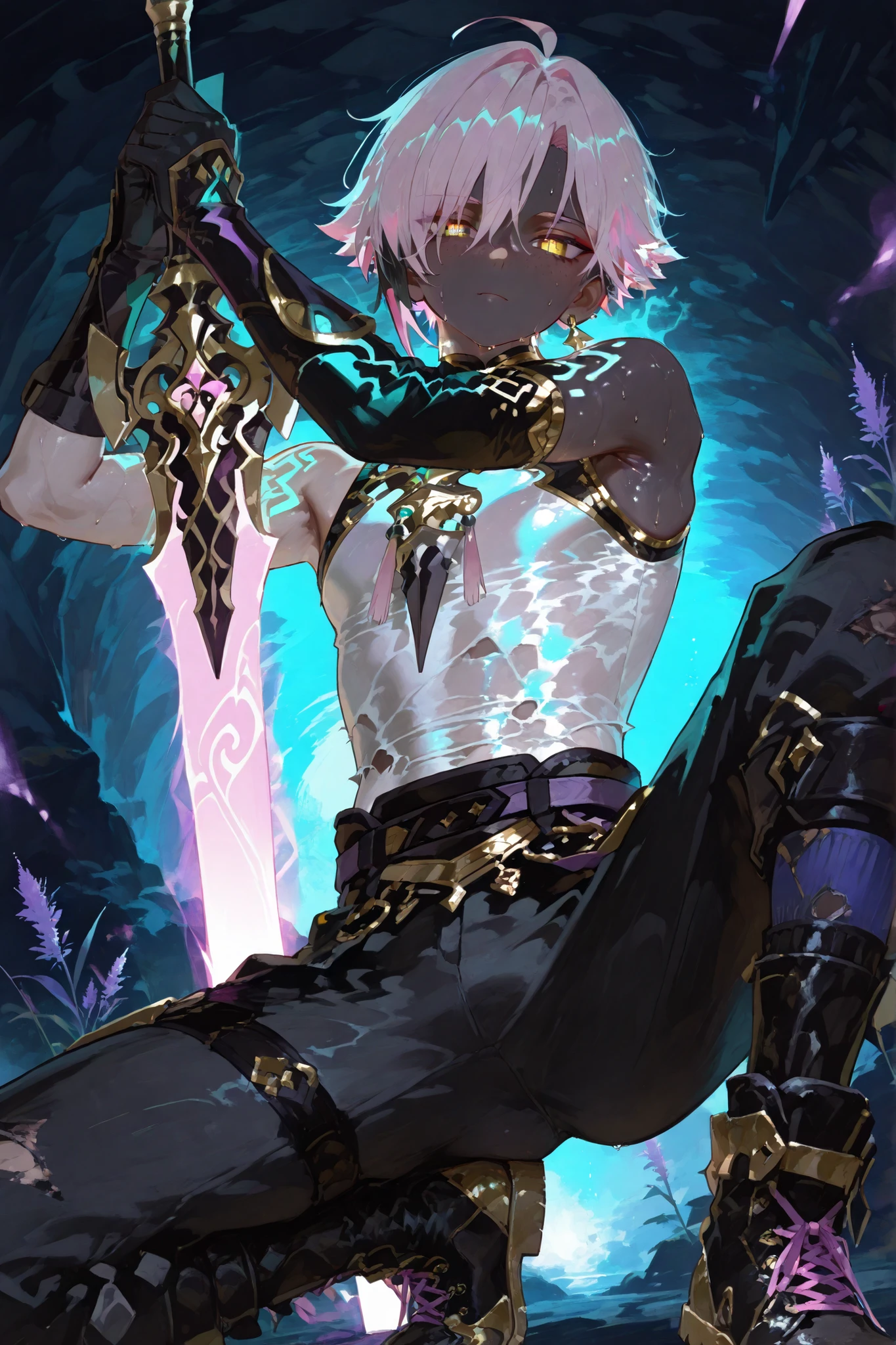 fantasy outfits, holographic, alternative-style. manly skinny tanned black skin boy mixed-race black skinned skinny young boy with freckles, glowing clear glossy wet shiny skin, short spiky lavender and salmon pink hair , black trimmed undercut taper sides and back behind hair, and gold bright neon eyes, baggy combat gi monk combat shirt with lavender trims shirt with black sleeves, boy gold trim, with cargo amored black cargo oversized baggy torned pants with gold accents and armor, anime-style, detailed and bright holographic, tone, in a fighting combat pose holding a obsidian purple and black big massive sword pose, very shiny skin, with lavender white torn socks with gold trims, fantasy holographic, combat high boot torn wrecked sneakers, in the cave vibrant background, very hot manly face, front view, Sweating alot. spread legs