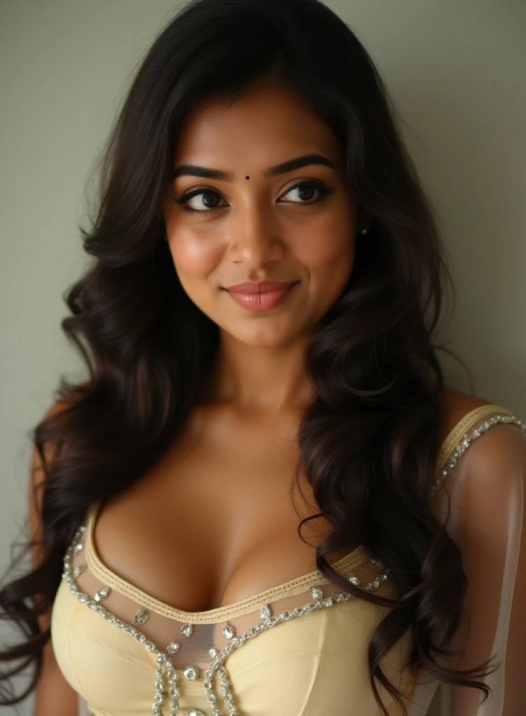 trisha,lying in bed,hot photoshoot,Best quality, masterpiece, ultra high res, (photorealistic:1.4), raw photo, 1girl trisha, 35 yo trisha, deep shadow, low key, cold light, Long wavy hair，brunette color hair，cleanness，((Super beautiful face))、Super beautiful eyes, wink、Super beautiful hair, night,(lying in bed)