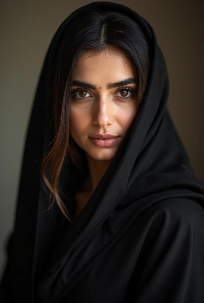 A woman wearing a black saree and having big eyes. Her eyes have red makeup.