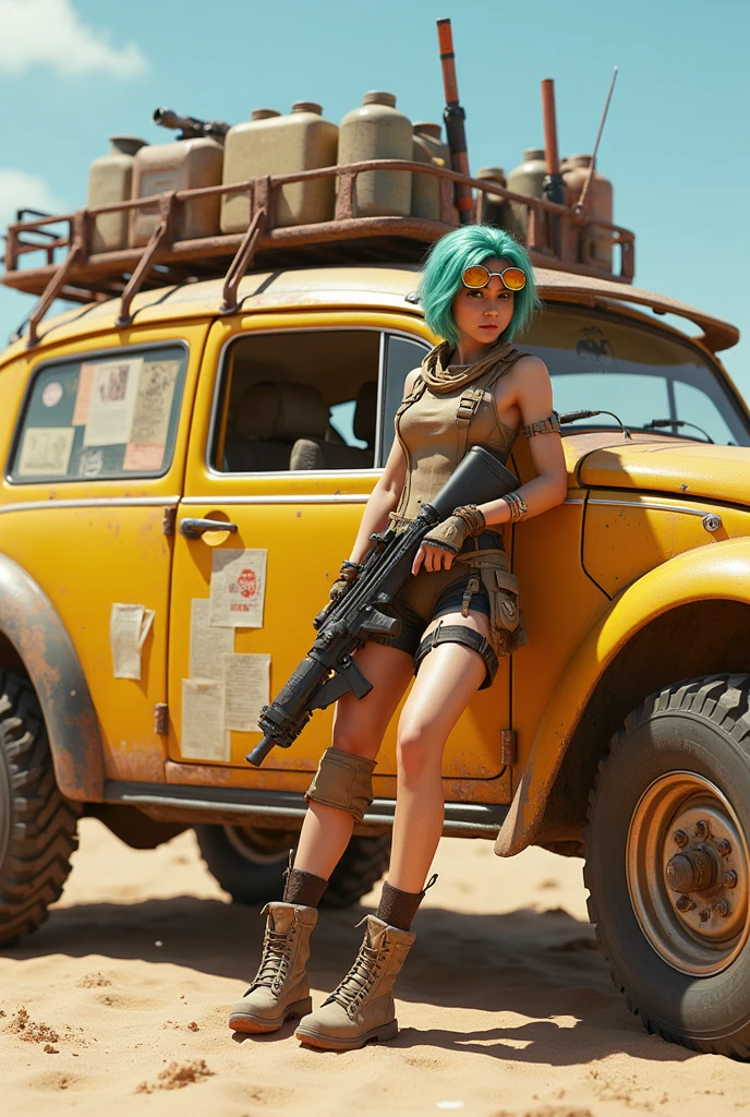 cute redhead woman in twin tails, multiple rainbow colored hair, sky-blue eyes, happy, Ukrainian, petite, pale skin, wearing a green metallic color bikini, but black pantyhose on her legs only, post apocalyptic background, bleak barren desert, photo realistic woman, only one woman.