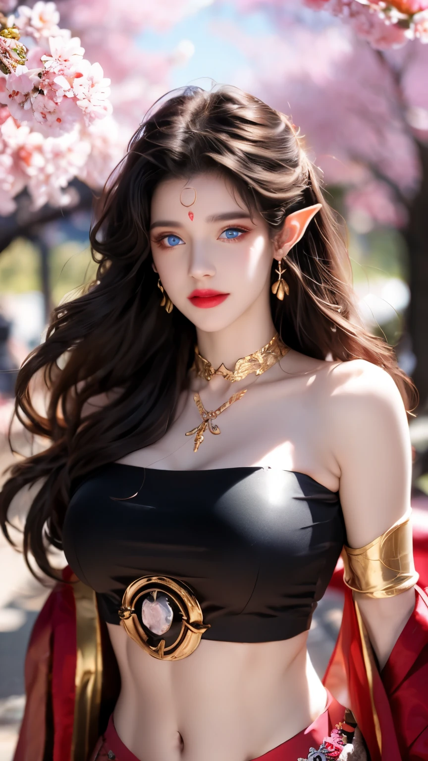 One 20 year old girl, breast 1.1, navel,upper body,bare shoulders,wears tube top,red skirt, blue gems,shiny skin,hand in own hair,(mature female),milf, medusa, deep blue eyes, jet black long hair, 8k resolution high quality,background: around the garden surrounded by Sakura trees with fluttering sakura petals, from head to thighs, hourglass figure, bare round shoulders, exposed midriff, a tilak on her forehead,ornamental logo on her forehead, snake crown, necklace, earings with blue gem, long black hair bangs, pointy ears,golden bracelet,Bright lightening under the sun through sakura canopy. High quality 16k resolution,( HDR :1.5), cinematic look, ultra-detailed,ultra lightening, (photorealistic :1.2), long thin straight eyelashes, dense black eyelashes,sharp eyes, diamond shaped head, straight nose, closed heart shaped lips