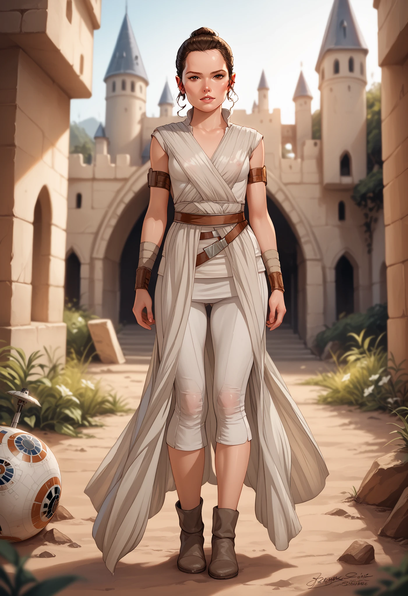 Rey, brown hair, brown eyes, natural small breasts, BREAK, sleeveless, jedi, see through white cloth, BREAK, (full body), looking at viewer, seductive, sexy pose, BREAK, outside a deserted medieval castle, BREAK, masterpiece, dramatic lighting, highly detailed, depth of field #Rey-Raine-00