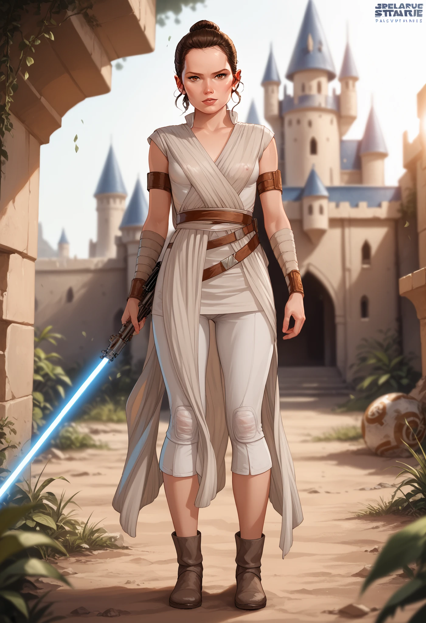 Rey, brown hair, brown eyes, natural small breasts, BREAK, sleeveless, jedi, see through white cloth, BREAK, (full body), looking at viewer, seductive, sexy pose, BREAK, outside a deserted medieval castle, BREAK, masterpiece, dramatic lighting, highly detailed, depth of field #Rey-Raine-00