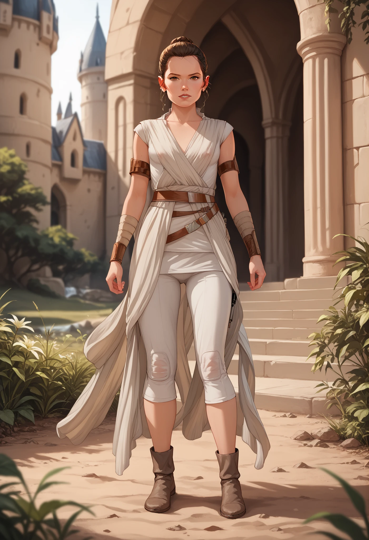 Rey, brown hair, brown eyes, natural small breasts, BREAK, sleeveless, jedi, see through white cloth, BREAK, (full body), looking at viewer, seductive, sexy pose, BREAK, outside a deserted medieval castle, BREAK, masterpiece, dramatic lighting, highly detailed, depth of field #Rey-Raine-00