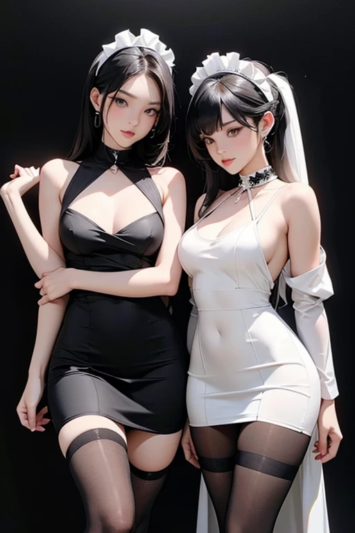 woman in white tight knee-length dress, Red eyes, blue lips, black gloves, black choker, black headband, black stockings, blue grimoire