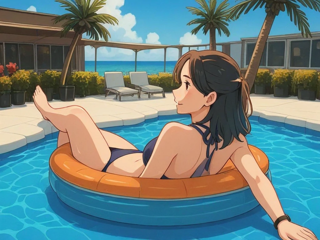 anime girl in a bikini eating a dessert by the pool, an anime drawing by Shitao, pixiv, conceptual art, seductive anime girl, is wearing a swimsuit, eating cakes, at pixiv, , swimsuit, attire: bikini, kantai collection style, trending on artstation pixiv, in a bikini, in bikini, bangs,brown_hair, long_hair,red eyes,lipstick,makeup,