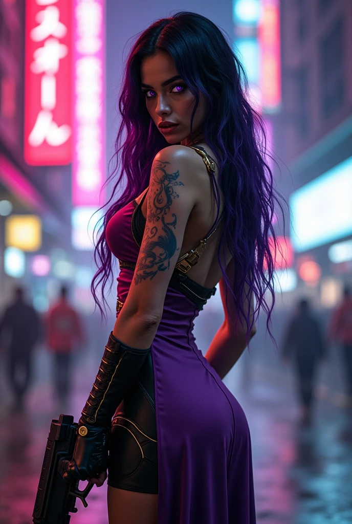 Retro style, beautiful female model, glamorous body, plump body, long haired person, wavy hair, purple hair, smooth skin, blue eyes, enchanting smile, dark makeup, red lips, ((Detailed and sexy cyberpunk costume)), accessories, boots, realist, outdoor, super realistic 8K, super detailed and realistic, posture sculpture, big ass, Wide buttocks