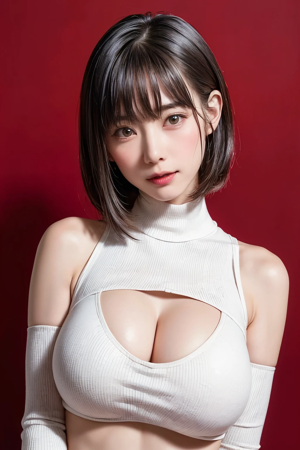 Cute young Lolita、breasts indentation、cleavage of the breast、Super thick with a small waist、the areola is protruding、areola hollows、Realistic areola、large full breasts、Turtleneck sweater、doress、Short hair with 46 bangs、Azure Lane Metamorphosis、真实感、Hyper-Realism、perfect hand、Perfect fingers、perfect chest、perfect hair、perfect  eyes、Cute young Lolita、breasts indentation、cleavage of the breast、Super thick with a small waist、the areola is protruding、areola hollows、Realistic areola、large full breasts、Turtleneck sweater、doress、short hair with bangs、Azure Lane Metamorphosis、真实感、Hyper-Realism、perfect hand、Perfect fingers、perfect chest、perfect hair、face perfect、perfect bodies、(Really pure white blank background)、(Look firmly at the camera、Hair fluttering in the wind just a little bit)Face、perfect bodies、(Really pure white blank background、190cm Supermodel、Really close your mouth a little and smile happily、White clean skin)、Highlights in the eyes、Light brown eyes、long neck、