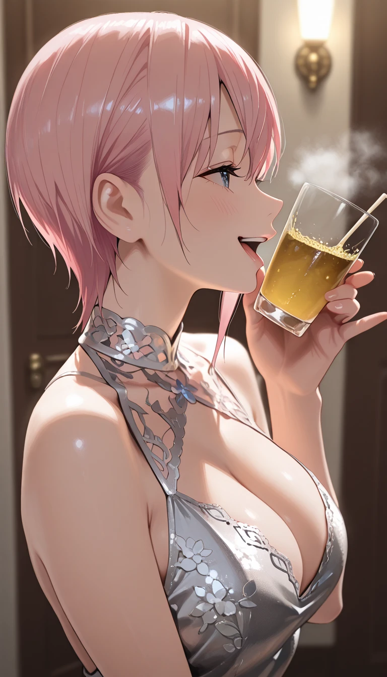 masterpiece, 1girl ((20year old, crop top exposes navel, tight blue jeans, high heels, medium breasts, multicolor pink hair, twin ponytails, green eyes, flirting, happy, big smile, looking up headphones, drinking a beer in a frosted mug inside of a luxurious club, dim and moody lighting, modern cocktail bar, exciting and elegant atmosphere)) ((solo)) ((highcamera angle, top view))