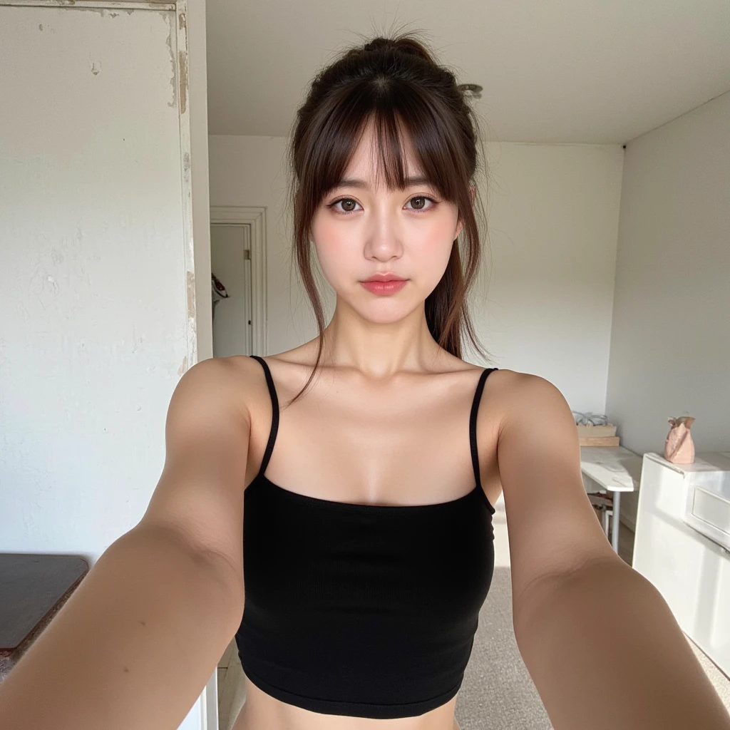 ((Best quality, 8k, Masterpiece :1.3)), 1girl, Pretty woman with emphasizing slender abs :1.3, (random hairstyles :1.2), Oversized tank top :1.2, Ultra-detailed face, Detailed eyes, Double eyelid, armpit