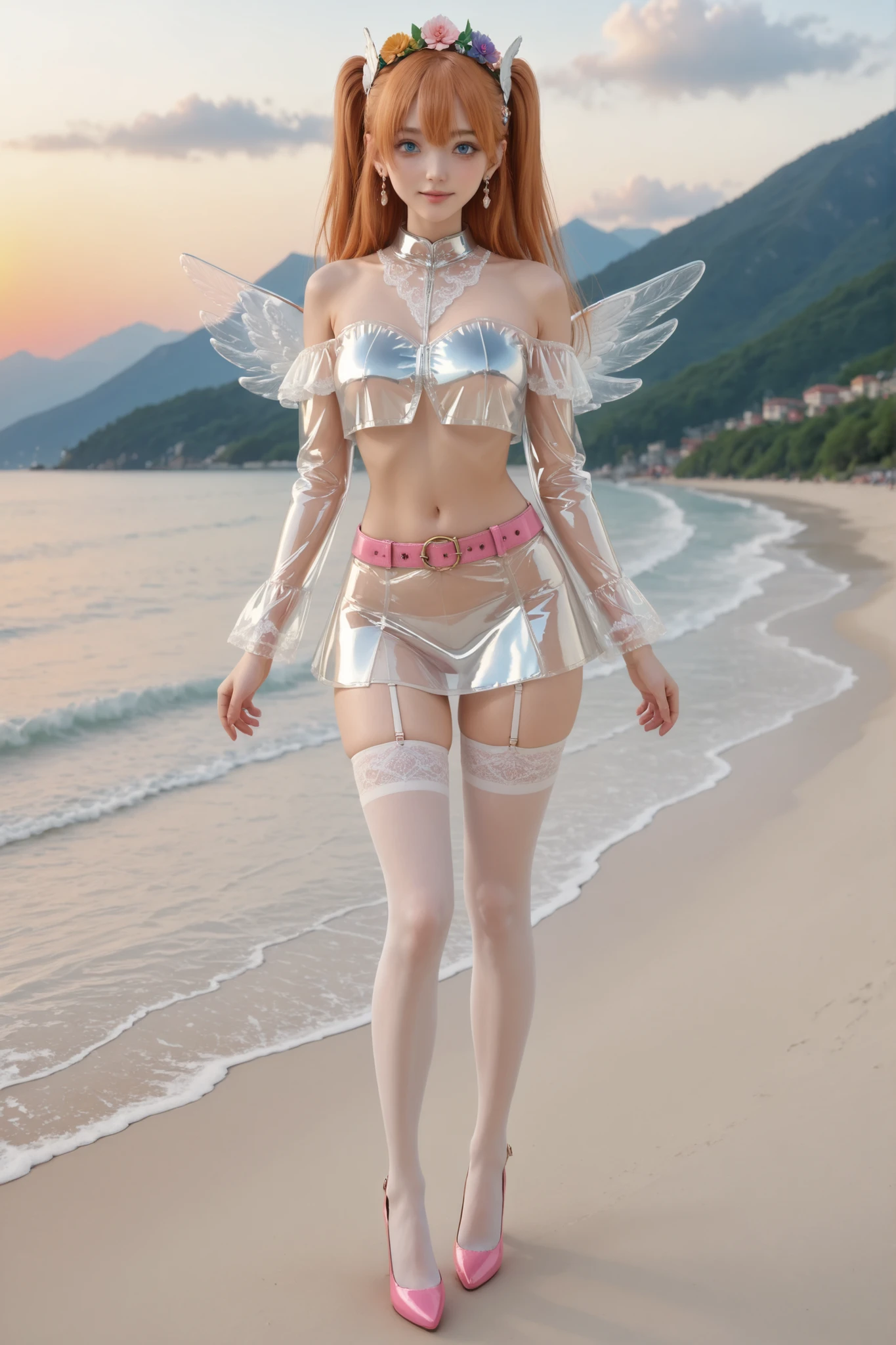 NSFW,long hair, orange hair, wing hair ornament, two side up, hair between eyes, blue eyes,liliel default, crop top, white shirt, underboob, long sleeves, wings, midriff, navel, pink belt, miniskirt, garter straps, white thighhighs, pink heels,1 girl,(Japanese girl, , 170 cm tall, proportions 9:1, bust 33, waist 21, hips 34, silver hair, beautiful eyes), (Luxurious, off-shoulder clear plastic dress with gold patterns: 1.6, armor made of clear glass, clear plastic stockings),( Hair pin,Transparent Latex jacket with a flower crown on her head,earrings, hair clip,Metal collar,thigh bands,Metal high-heels,The transparent latex belt is very tight around the waist ),Dynamic poses,(Beautiful smile),((Nipple erection:1.0)),Look away, ashamed,(The beauty of nature, a garden of colorful flowers, a beach, in the evening, mountains, sky, white clouds, sunset), full view from the side at 45 degrees.