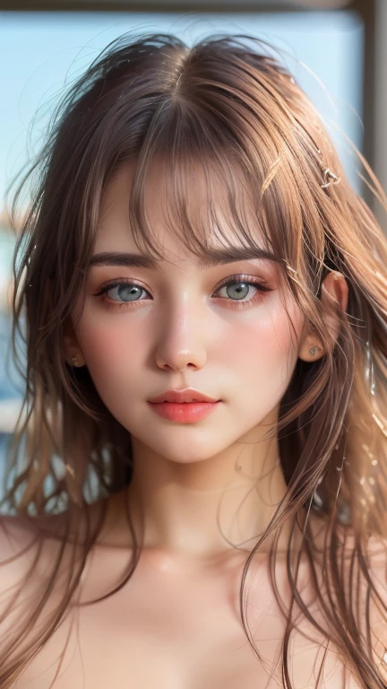 (hyperrealistic), (real person photography), (high resolution), (8K), (extremely detailed), (best photography), (beautiful detailed eyes), (best quality), (super detailed), (masterpiece), (wallpaper), (detailed face), solo, 1 girl, sexy pose, wavy red hair, small moles under the eyes, loose white shirt, very short clothes, large breasts, lying on a paradisiacal beach on a towel