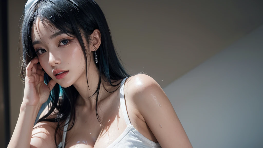 (((masterpiece))), (((best quality))), (((ultra detailed))), (photo realistic), perfect proportion, an extremely delicate and beautiful, detailed face, detailed eyes, detailed skin, detailed body, 1 girl, cleavage, curvy, navel, wide hips, (((small breast))), ((gleaming skin, oil skin, wet skin:1.3)), shiny skin, shiny body, short hair, disheveled hair, (((layered hair, multicolored hair, glowing hair, wet hair))), grey eyes, fair skin, 1girl school, wet see-through school uniform, wet see-through underwear , mathayom uniform, white shirt short sleeves, black pleated skirt, (((ripped shirt))),(((ripped skirt))), black knee socks, black brown shoes, front view, dynamic angle, (lying on her side on the sand:1.4), take a picture close up full body, (((dark atmosphere, dark colors:1.4))), (((beach, stormy wheather, cloud  covered sky, gray tones, (((night time))), shipwreck in the background, (((arms outstretched)))