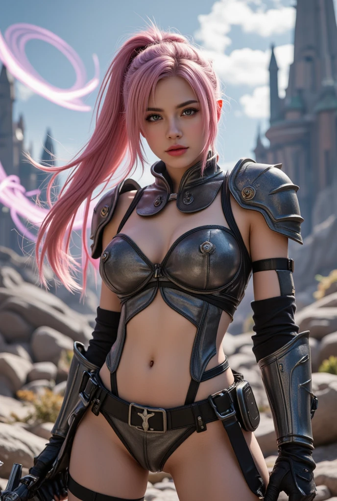 1girl, skinny, narrow waist, large breasts, cleavage, pink eyes, very long hair, (french twist hairstyle:1.1), (Hot pink hair:1.1), (barbarian_woman, leather armor, midriff, miniskirt:1.2), belt, thighhighs, red lips, short smile, (makeup), (freckles:0.6), long eyelashes, (standing straight-on:1.2), cowboy shot, indoors, exibition venue, victorian, beautiful and detailed artwork, realistic skin texture, <lora:microwaistV05:0.3> <lora:breastsizeslideroffset:0.5> <lora:edgBarbarian_MINI:1> <lora:add_detail:0.5> <lora:more_details:0.5>