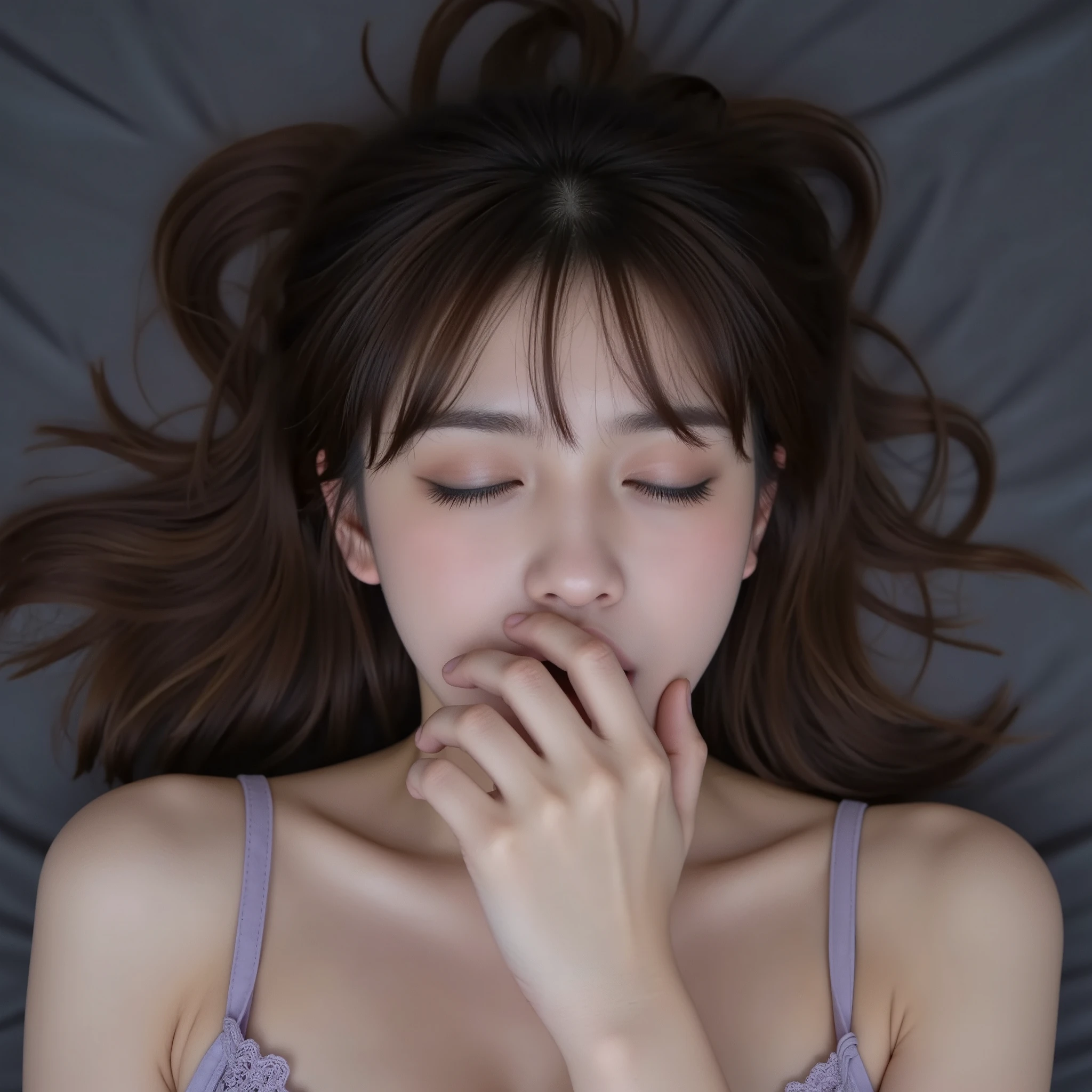 NSFW, (Highest quality), (Ultra-precise CG 16K wallpaper), (Realistic), (High saturation), (Sharp), Beautiful detailed shading, Beautiful natural lighting, Beautiful detailed glow, (Afternoon sunlight), Natural light, Depth of field, (Mature 24-year-old woman, One person), (Beautiful Japanese face with golden ratio), (Straight semi-long hairstyle with bangs), (Shiny brown hair), (Sparkling eyes), (C cup size breasts), (Cleavage), (Beautiful breasts), (Beautiful legs), (Beautiful skin), Beautiful proportions, (Woman is screaming with eyes closed: 1.8), (The woman is looking at me), (Woman is wearing a light purple lace bikini bra), (Wearing a lace choker), (Sleeping pose with open hand over mouth), (Dark gray bed), (Full screen image), (close-up shot of a woman's face), (a bird's-eye view of a woman), (a woman is lying on her back in bed),