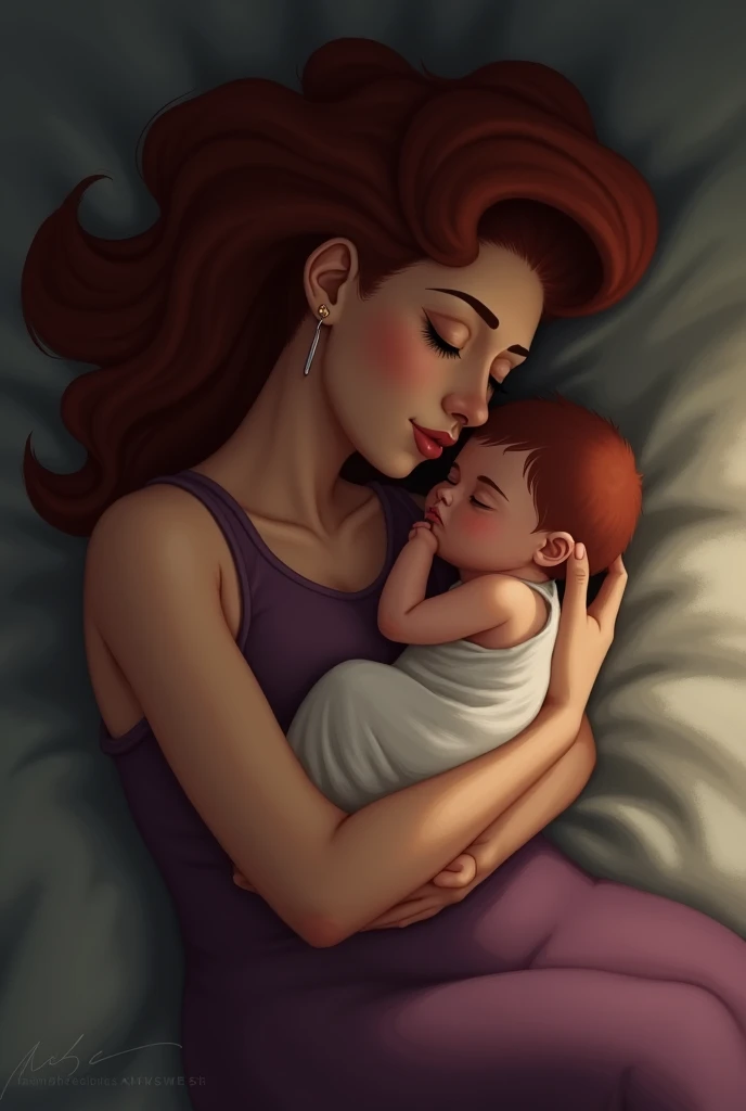 a beautiful realistic phto with a happy mother watching your baby sleep at night --auto --s2