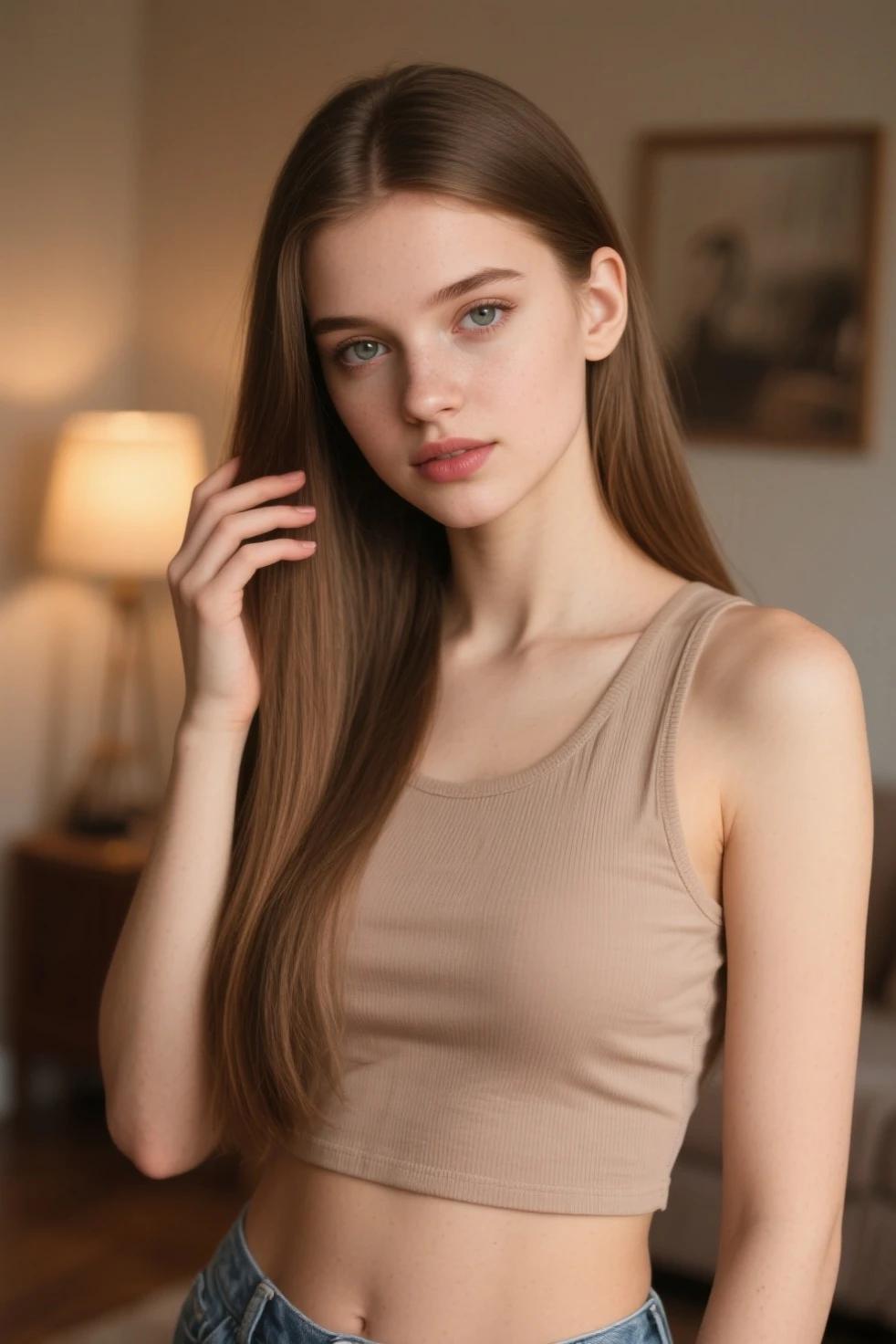 Obra de arte, Uma jovem de 16 anos, ruiva, cinematic, The portrait showcases a young ruiva girl with a shy and innocent demeanor, olhos azulados, rosto magro e sensual, sardas sutis, labios grandes, seios pequenos e empinados, Bunda pequena,  e magro, She is wearing tight low-cut mini shorts and a mini tank top, umbigo, Your hair is elegant and straight, elegantly framing her face with adorable long hair .Your face is illuminated by soft lighting, highlighting your delicate features. The girl&#39;s eyes shine with a hint of curiosity and her lips form a subtle expression.., shy smile. The background consists of a natural autumn scenery, ambiente silencioso e em tons quentes, proporcionando um ambiente calmo e sereno. The composition focuses on the girl&#39;s face, capturing the intricate details of her flawless white skin, The overall image exudes a sense of tranquility and captures the innocence and gentleness of youth., Karolina Protsenko