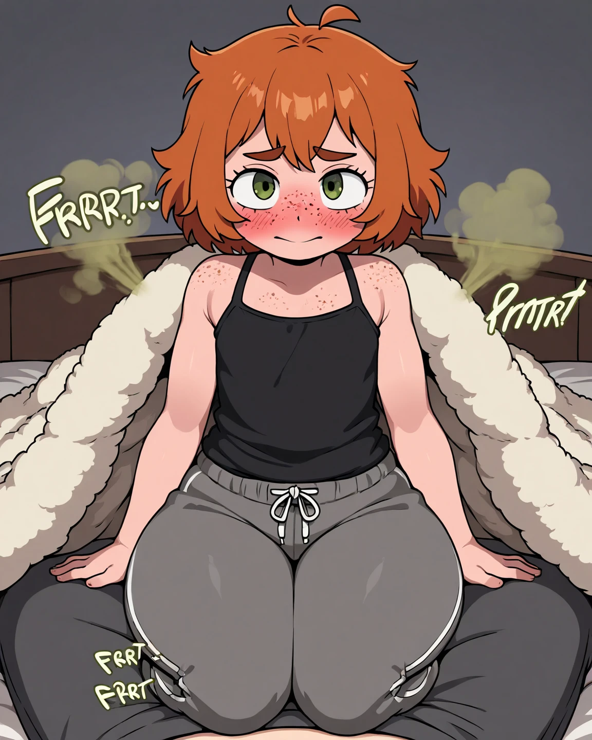 Red hair, green eyes, Anniedef, short hair, naked, white background, smoll stature, flat cheast, flat tits, show pussy, unclothed. medium thighs, small breasts, 1 girl, one girl, Open mouth, small stomach, curvy waist, round butt, show tits, small belly, clear skin, 1 girl, cute girl, smoll tits, curvy waist, good butt, (panty pulling), purple shirt, black eyeshadow, fake bear ears, flame, angry, one girl, pink pussy, pink backpack, view from behind, see from behind, bed, show butt, lying on the bed, butt up, 1 girl, 1 girl