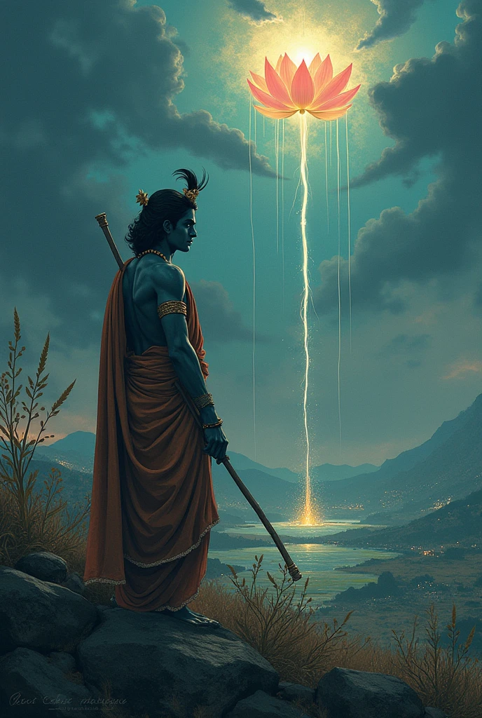 Krishna ji standing on a rock in foggy weathere with lightning striking in the back with hi hands wide open eyes closed and head up towards sky and flute in right hand and a neckless of flowers in neck 
