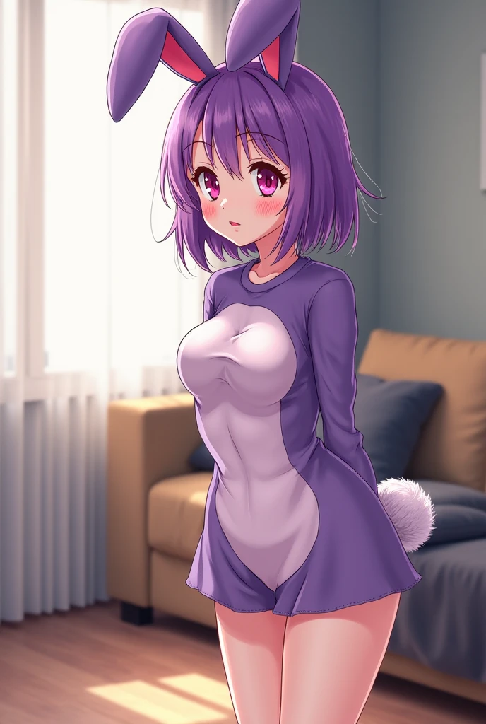 Furaffinity, dog, Labrador, a cute Anthro furry canine girl, tall body, hourglass figure, adult female, yello eyes, strong purple hair, rainbow, bedroom, pov, sultry, looking amazed, eyes sparkling, tight clothes, nightie.