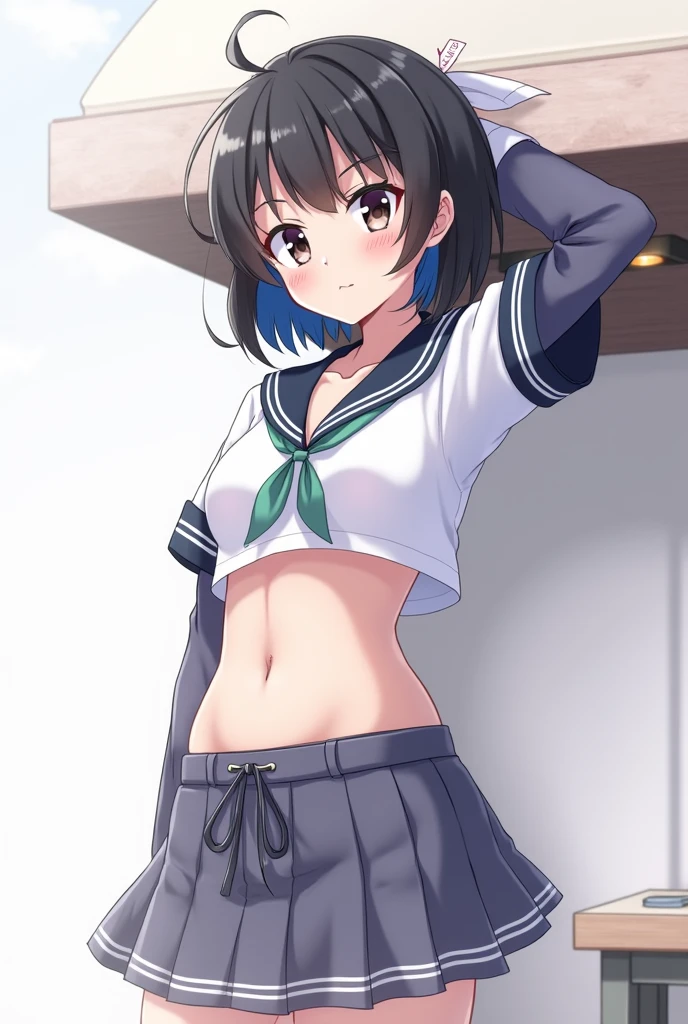 1 Female,(facing viewer),(from above),{nose blush,Sobbing},(school uniform,shirt lift,show off bra),{anime},nsfw,Masterpiece,Highest quality,Photorealistic,Ultra high definition,{{POV}},Cotton underwear,aakomachi, short hair, ahoge, black eyes, hairclip, x hair ornament, serafuku, collarbone, sailor collar, aqua neckerchief, white shirt, long sleeves, aqua skirt